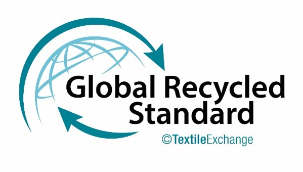 Logo for Global Recycled Standard featuring a stylized globe with two circular arrows and the words Global Recycled Standard and Textile Exchange.