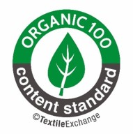 Grøn cirkel med teksten Organic 100 content standard og et hvidt blad i midten.