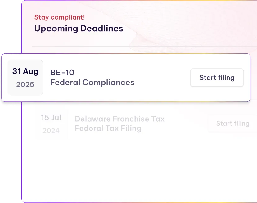 Upcoming deadline box showing August 31, 2025, for BE-10 Federal Compliances with a 'Start filing' button and a faded out past deadline for July 15, 2024.
