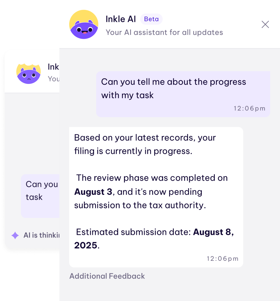 Chat interface of Inkle AI showing a user asking about task progress, with AI assistant responding that the filing is in progress, review phase completed on August 3, and submission estimated by August 8, 2025.