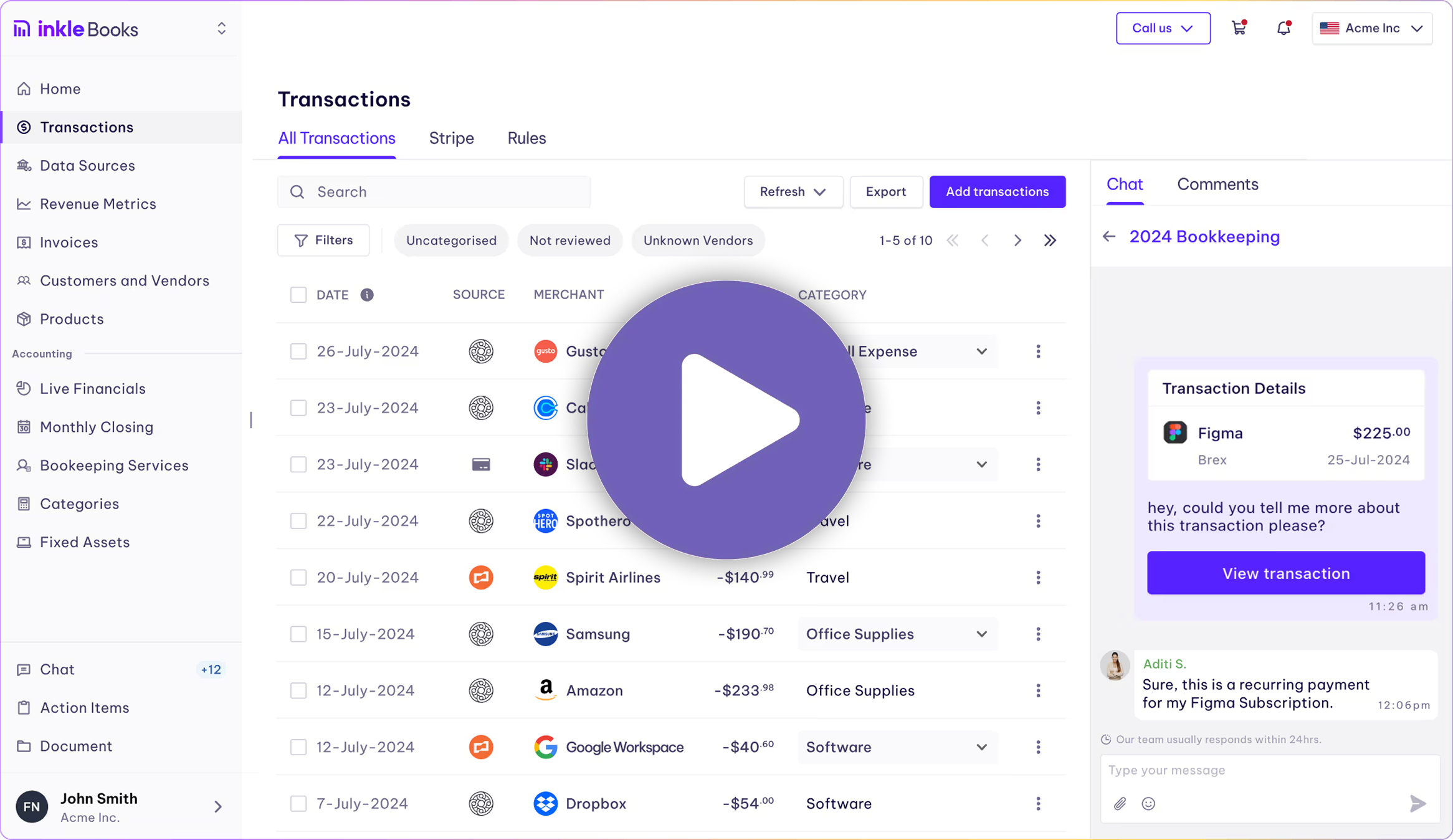 Screenshot of Inkle Books accounting software showing a transactions list with dates, merchants, amounts, and categories, alongside a chat window discussing a Figma transaction.