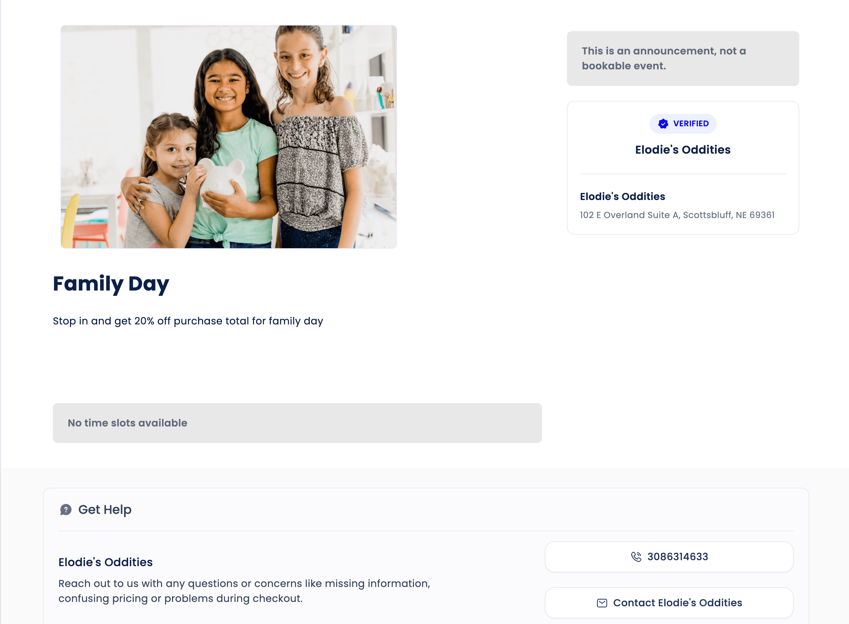 Online booking page for a family day with calendar and booking form