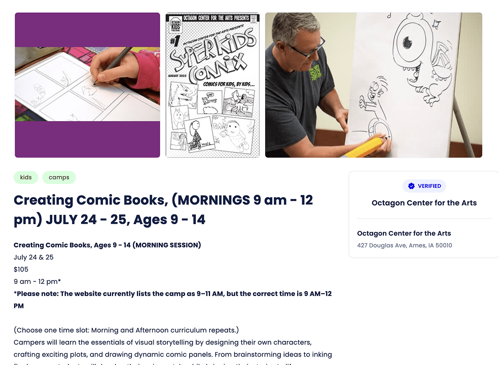 Online booking page for a art class with calendar and booking form