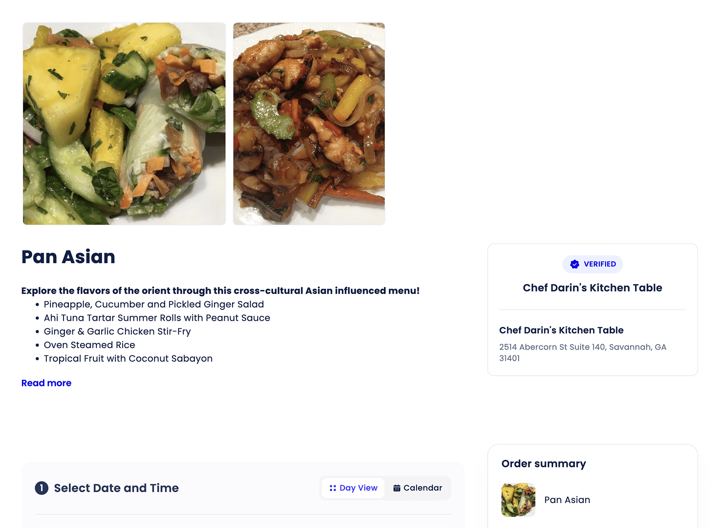 Online booking page for a cooking class with calendar and booking form