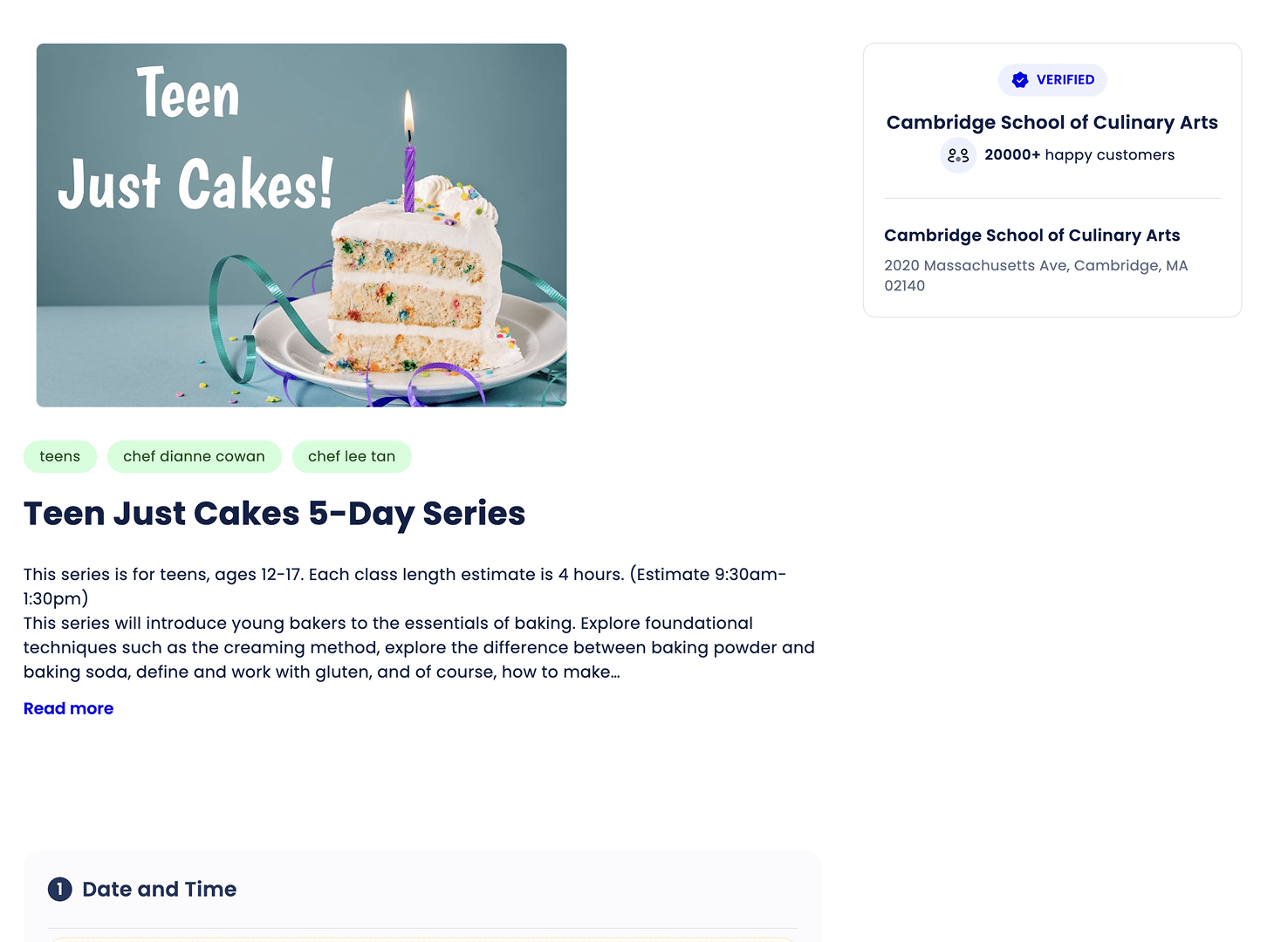 Online booking page for a cooking class with calendar and booking form