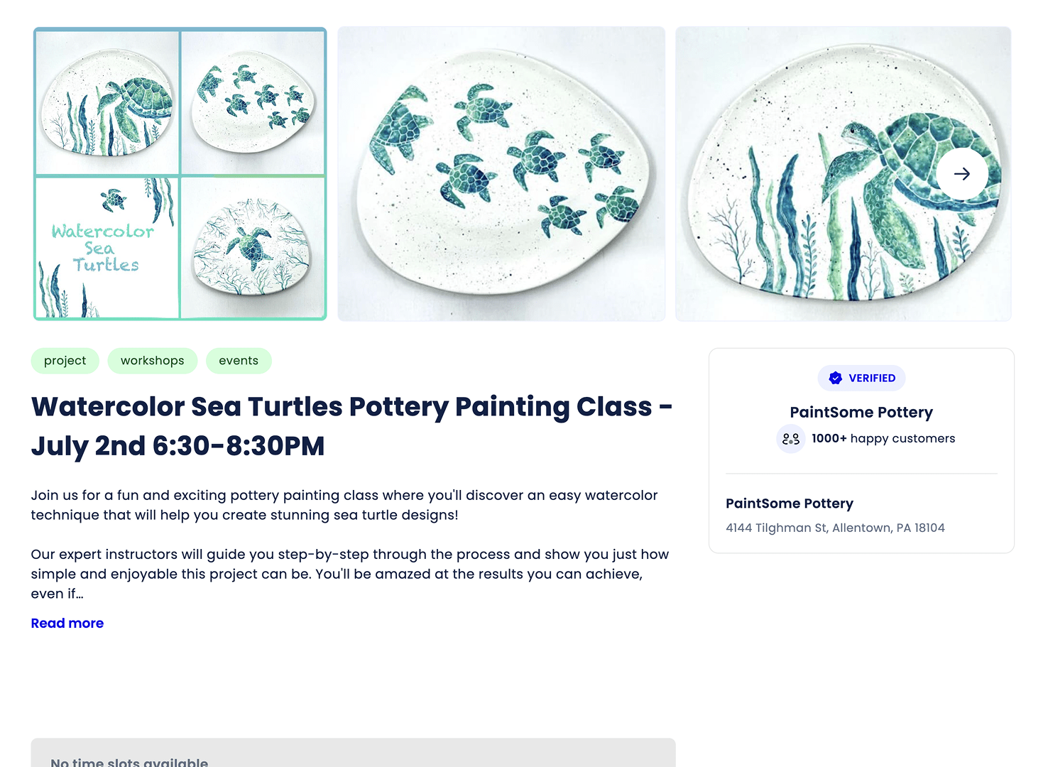 Online booking page for a painting class with calendar and booking form