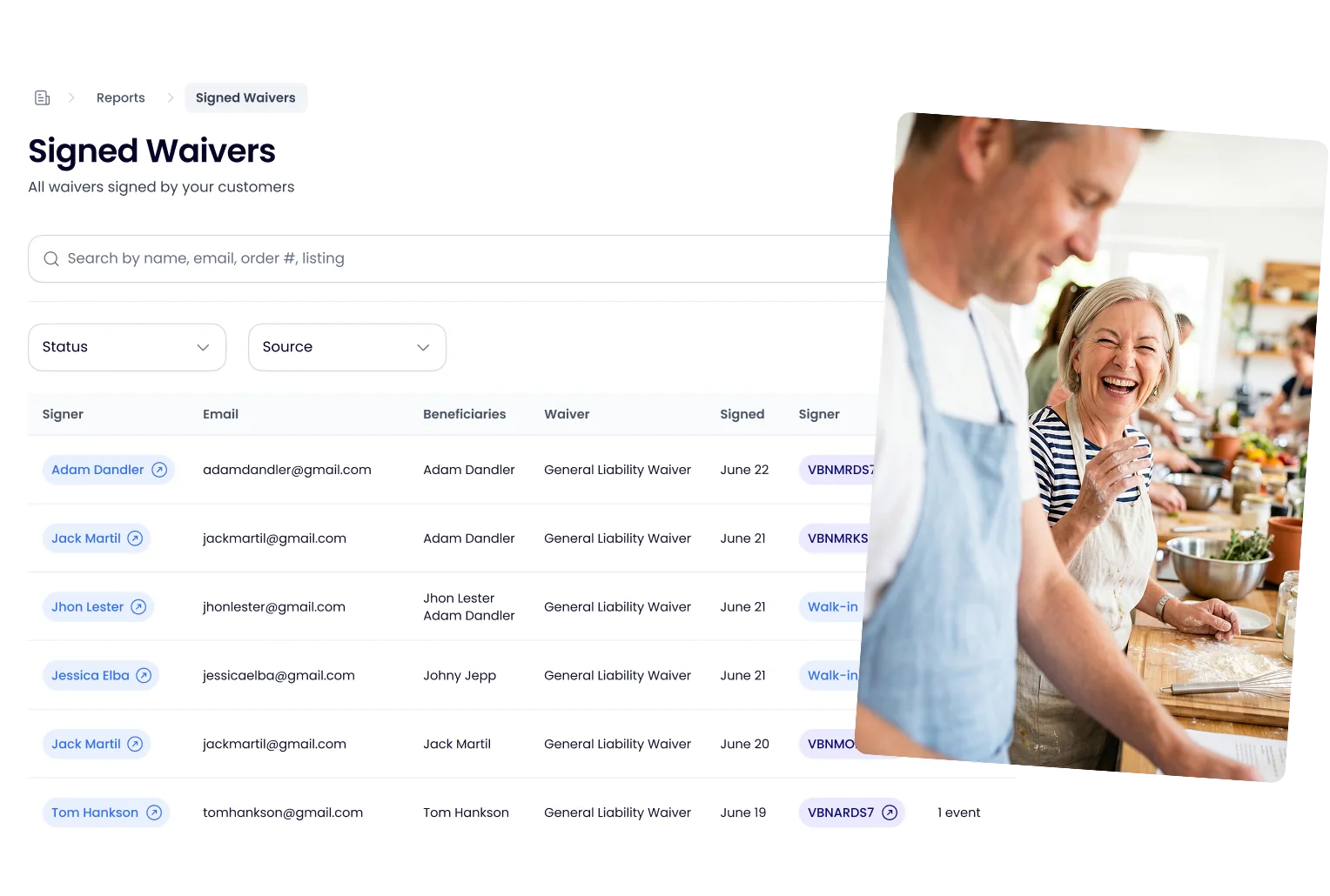 Signed waivers dashboard in Occasion