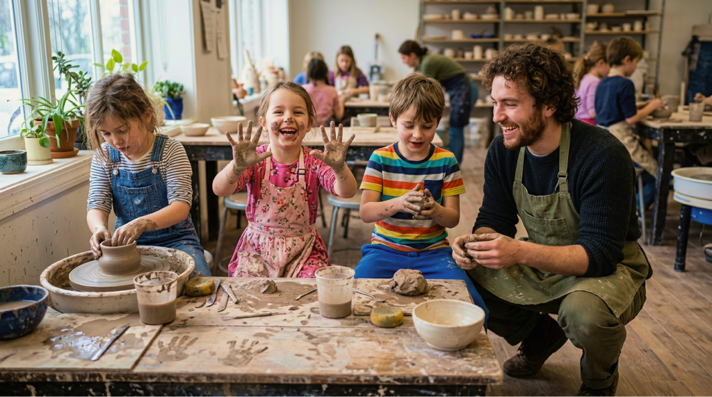 Child making pottery in a class