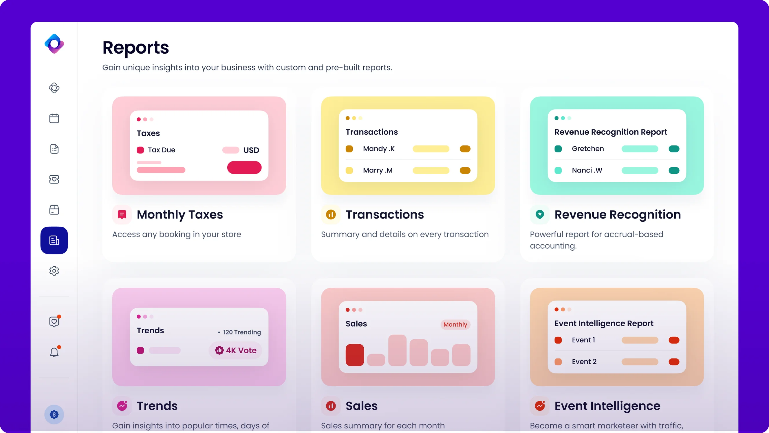 The Reports grid in Occasion, showing prebuilt sales, tax and trends reports