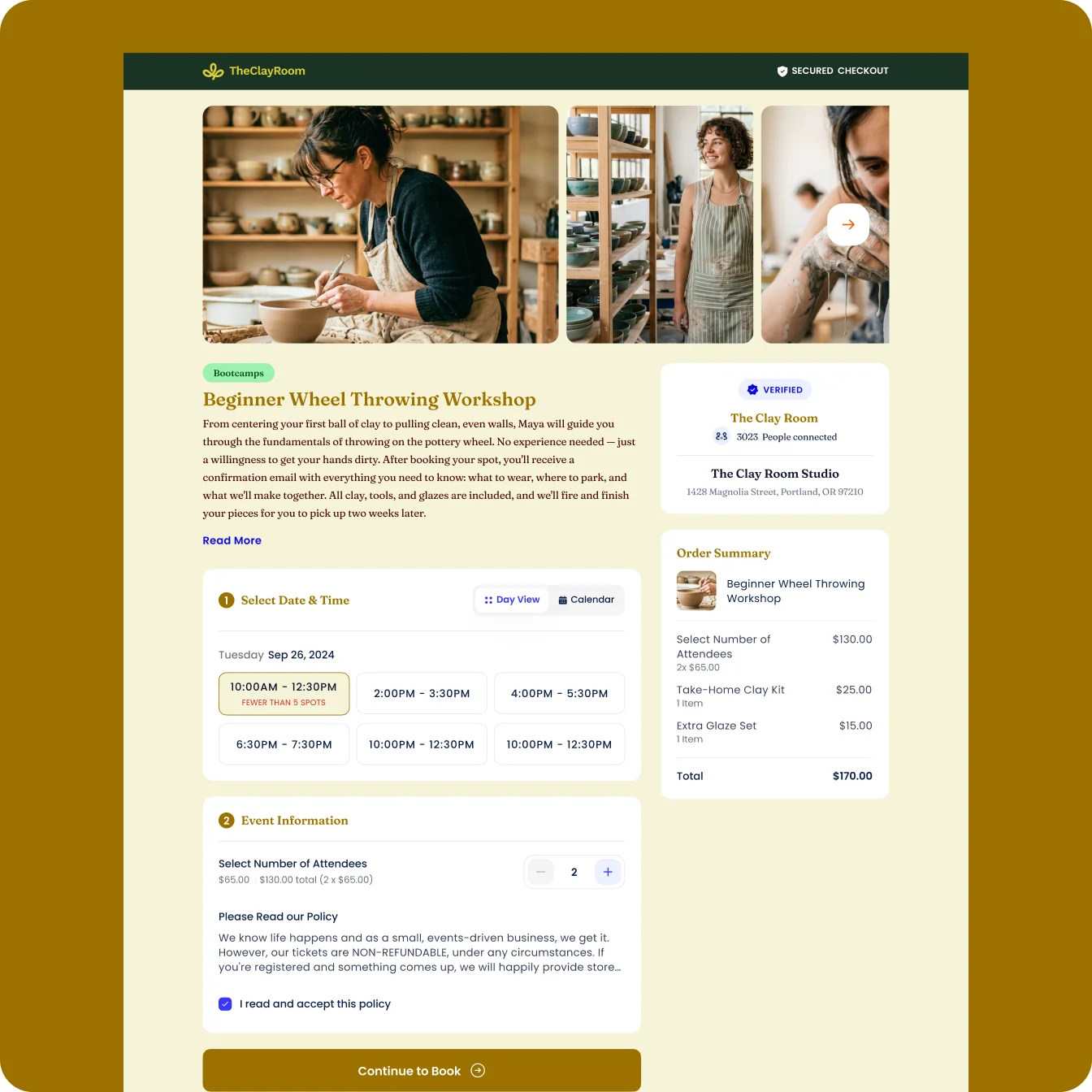 Branded event booking page in Occasion carrying the business logo and colors
