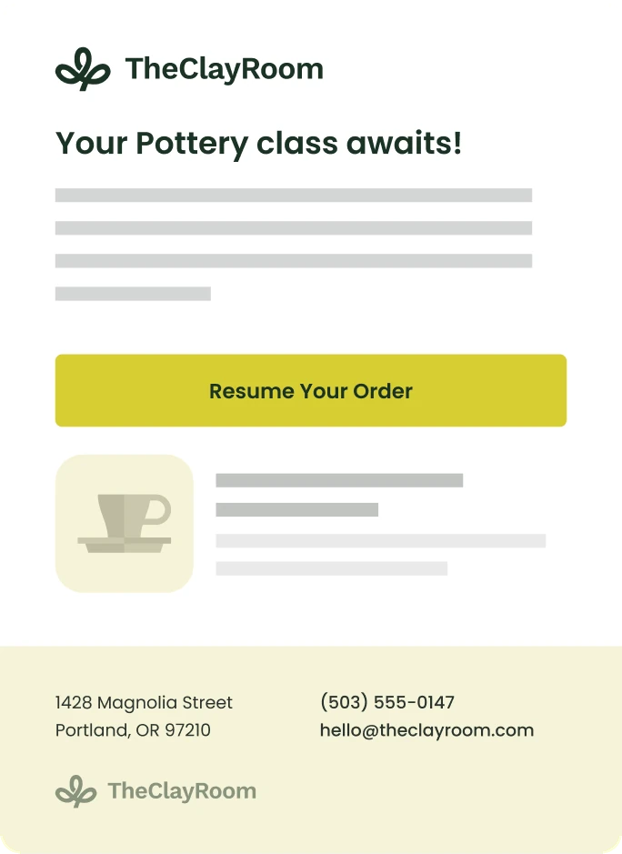 Branded customer email from TheClayRoom with the business logo and colors