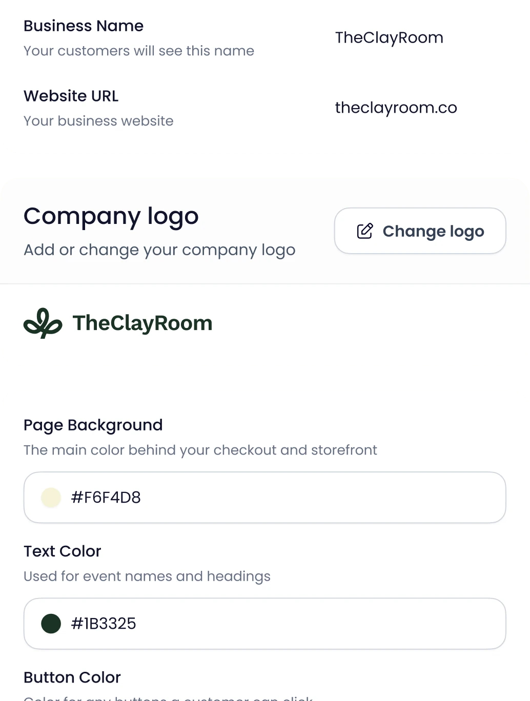 Occasion branding settings showing business name, company logo and brand colors