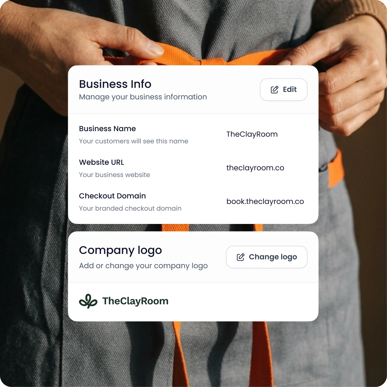 Occasion business info and company logo settings with TheClayRoom branding