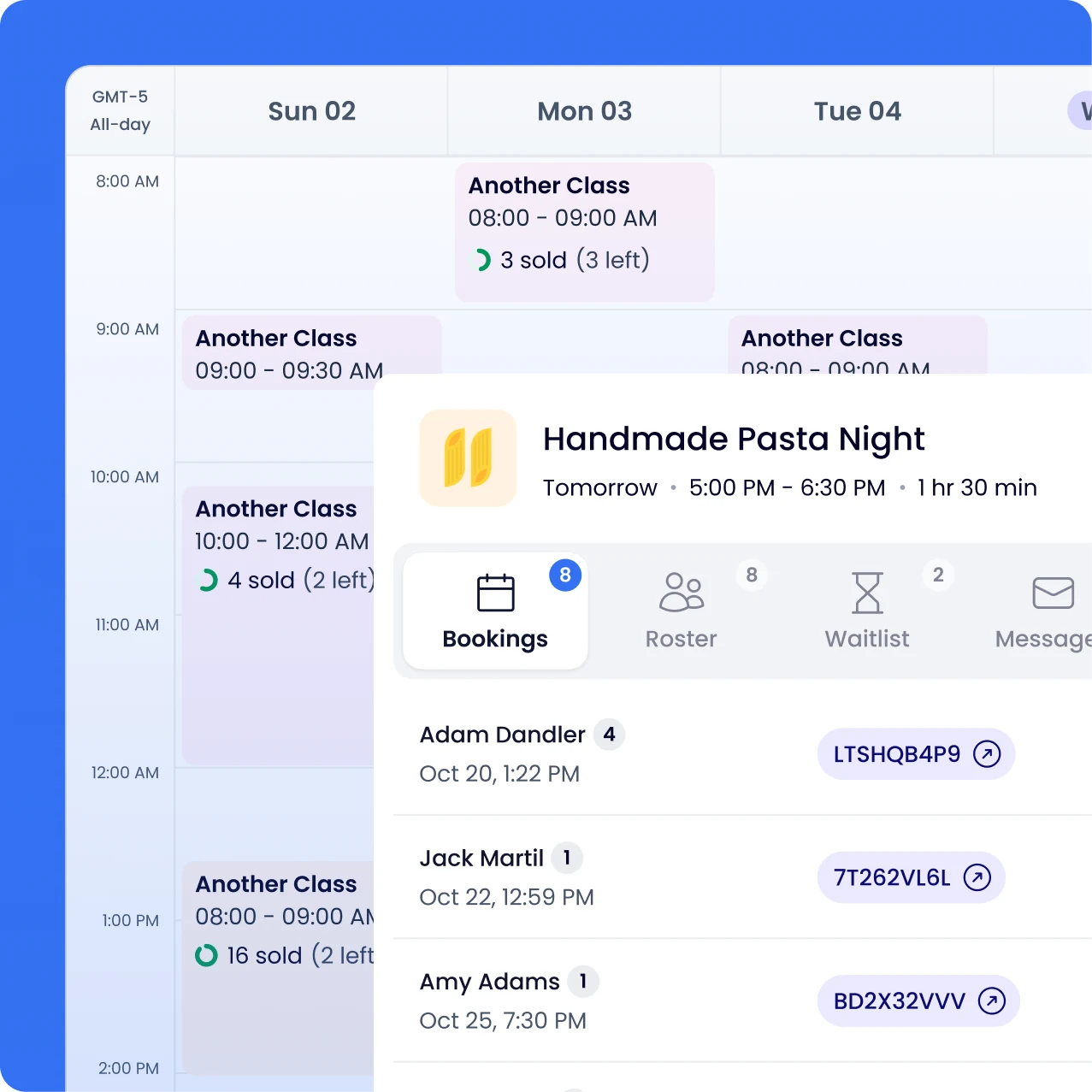 Occasion workspace calendar with a class booking open