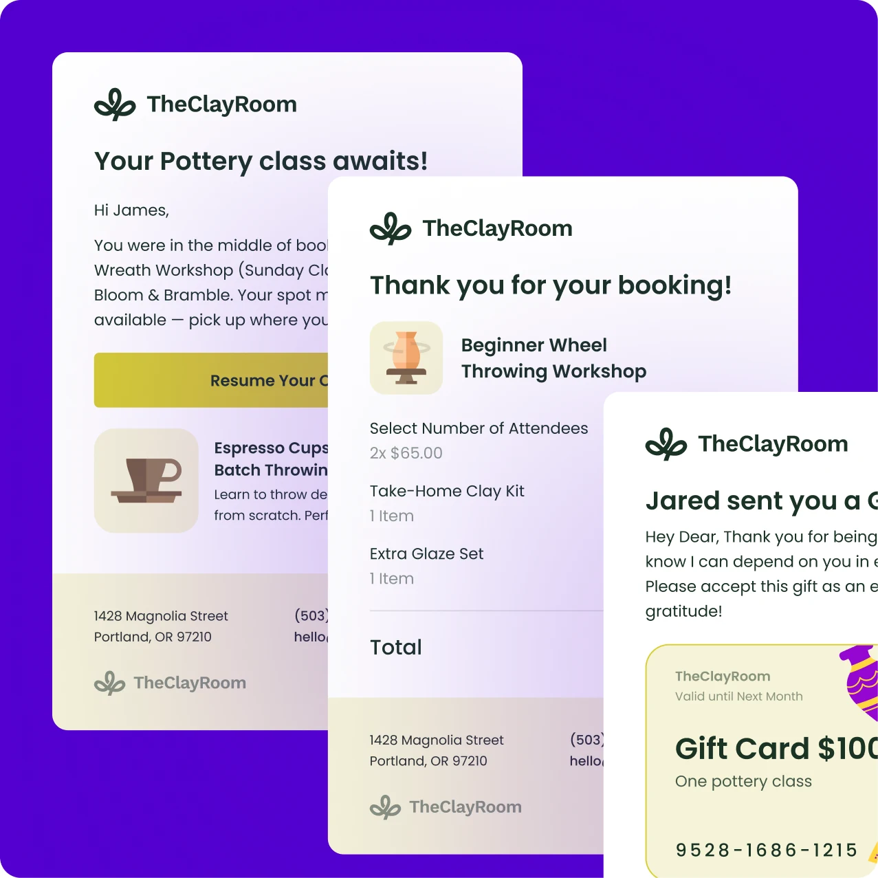 Automated Occasion booking emails and a gift card email