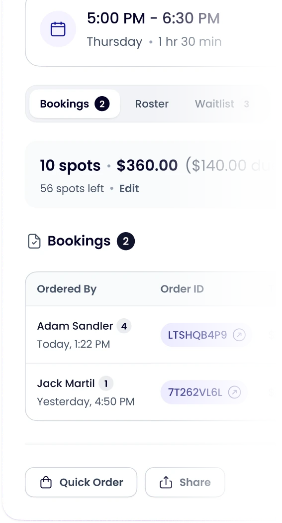 Event modal in Occasion showing bookings, spots and the order table