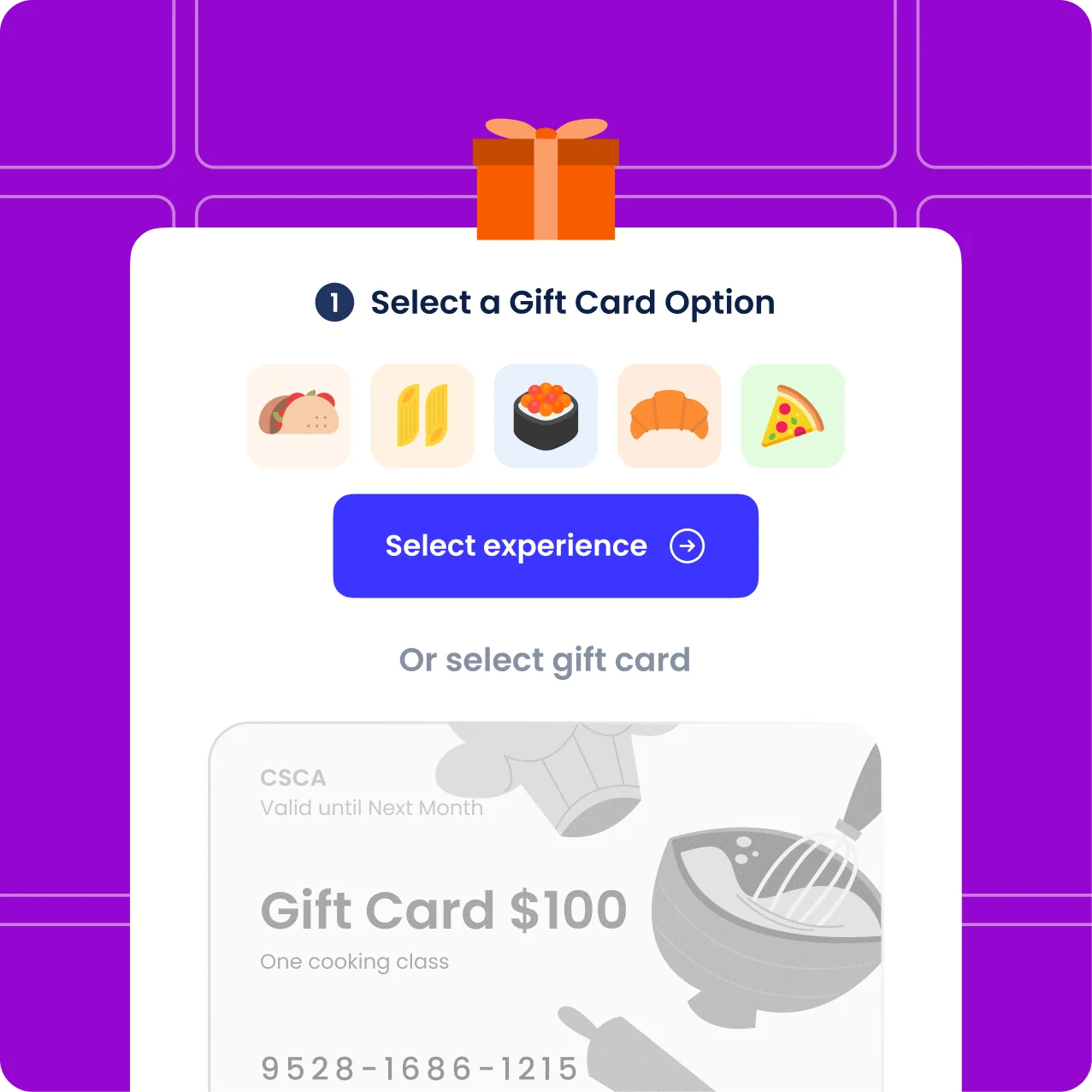 Gift card checkout: choose an experience or a gift card