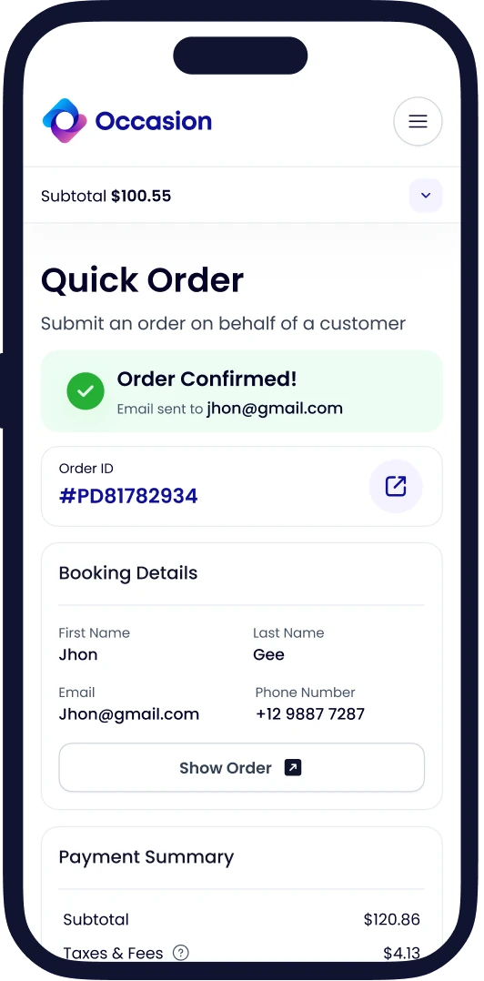 Quick Order checkout on a phone in Occasion