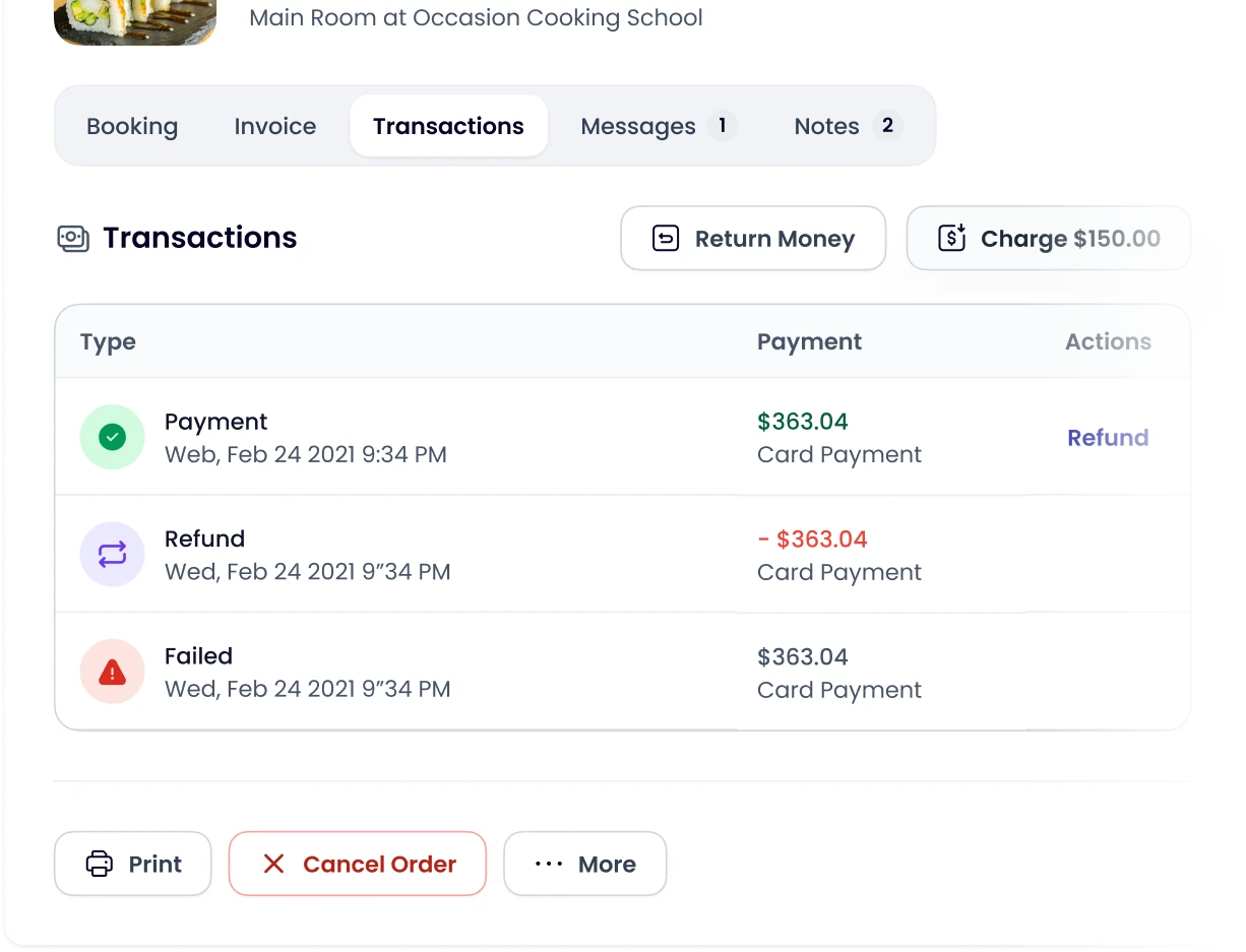 Order transactions with payment, refund and failed charge