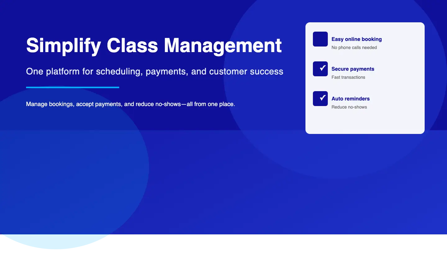 Class booking software dashboard
