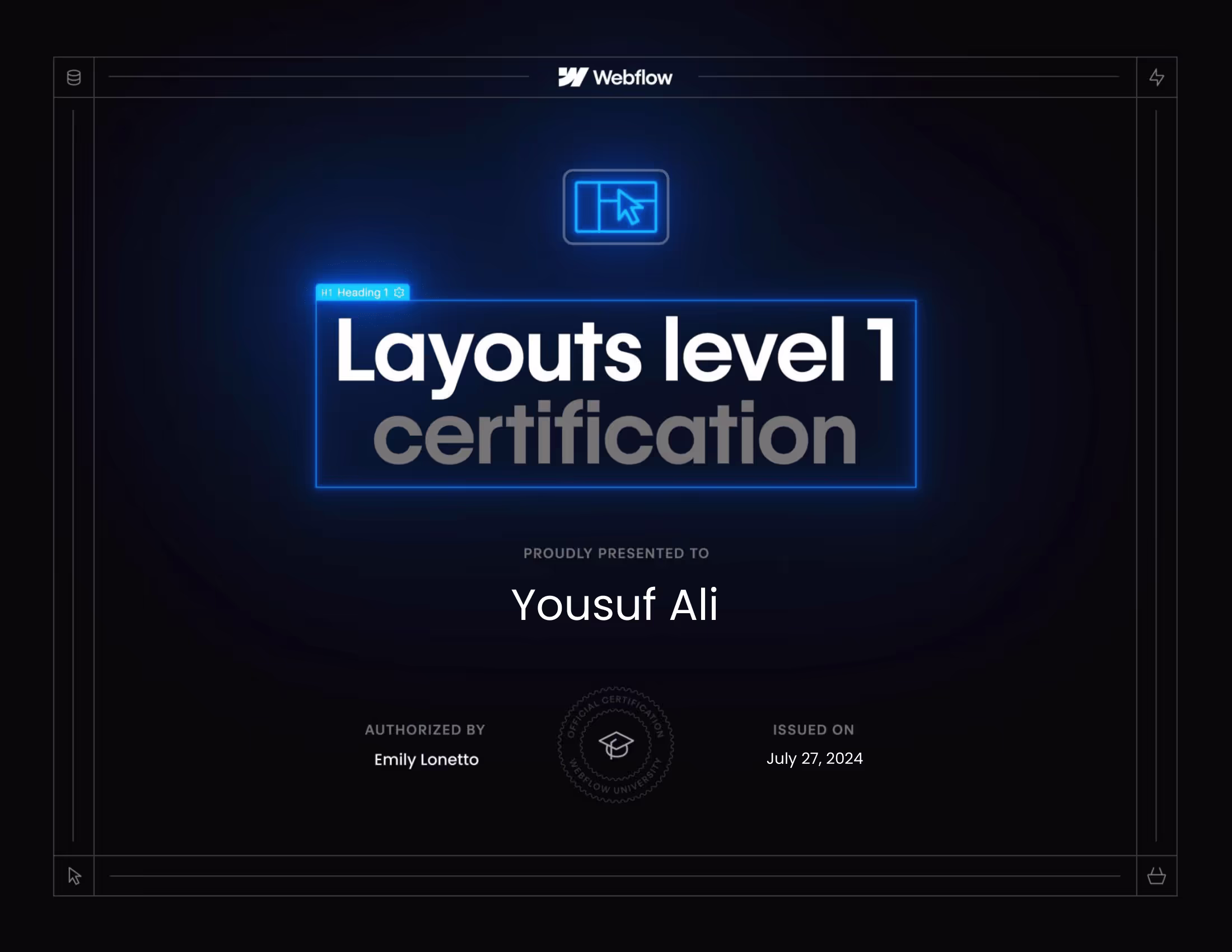 webflow layout 1 certificate - yousuf, webflow developer