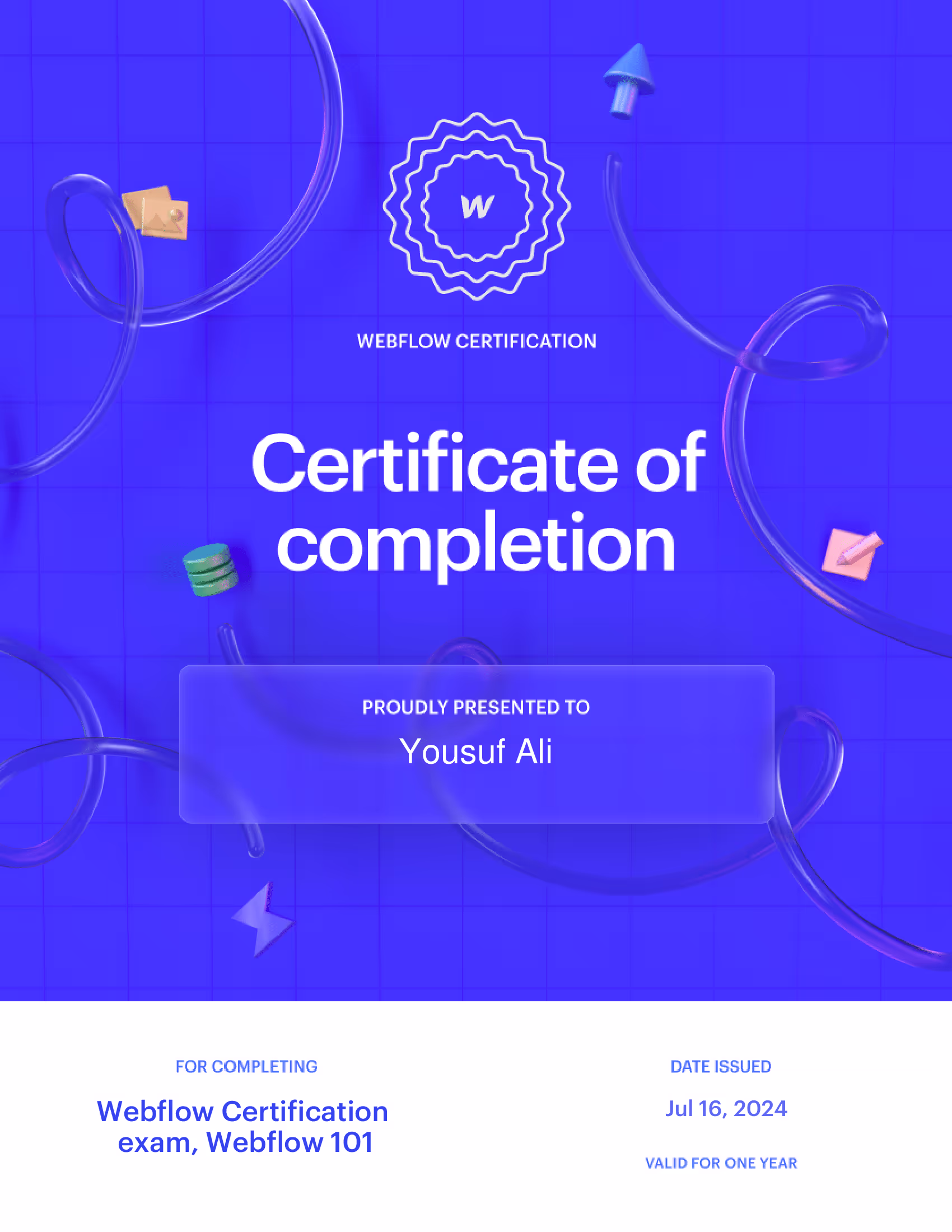 webflow 101 certificate - yousuf, webflow developer