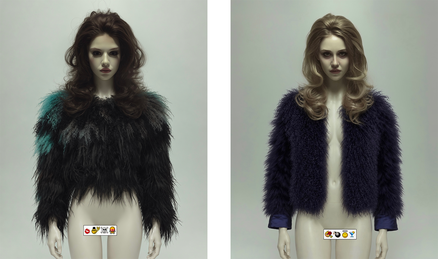Two mannequins wearing dark fur jackets