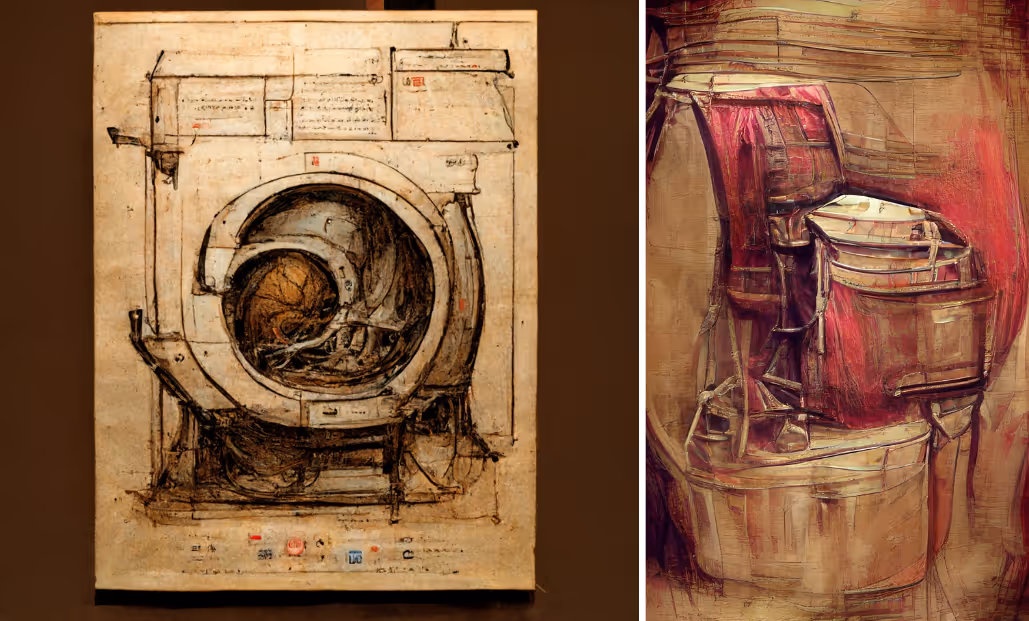 Midjourney's image looks like a washing machine in the sketchy style of Da Vinci. Dream's image is in the same style, but it looks like a desk chair on top of a wooden washing tub.