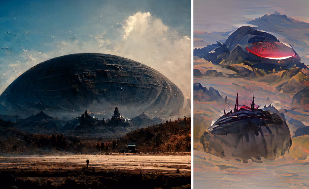 Midjourney's image shows a giant spherical spaceship above a barren landscape with mountains and deserts. Dream's image is rougher and more painterly, of two roundish blobs on top of mountains.
