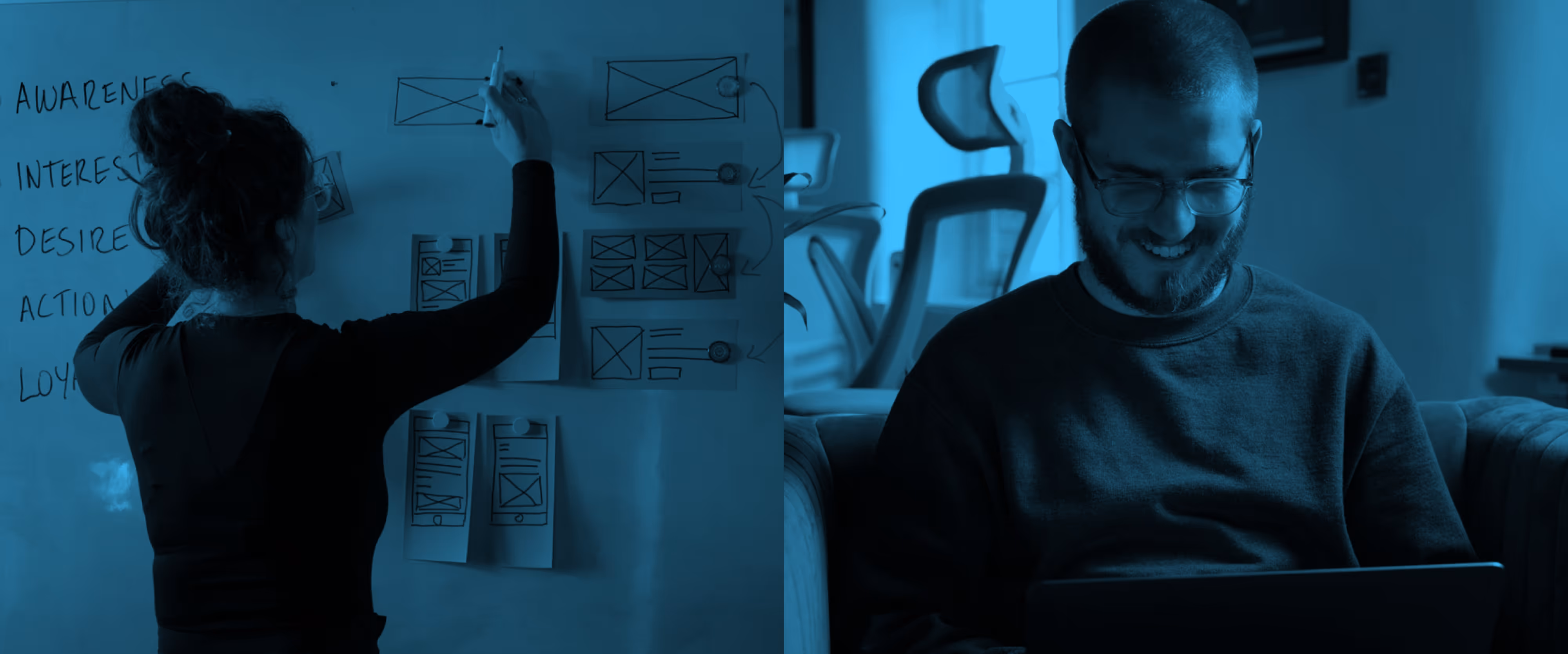On the left, a designer moves cutouts of a wireframe around on a white board. On the right, a colleague is looking at his laptop, smiling.