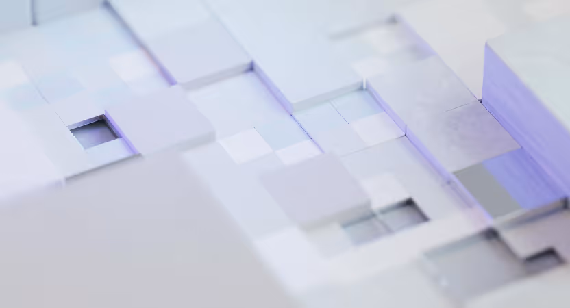 Abstract white and purple geometric shapes representing the structured quality management systems required for ISO 13485 certification in healthcare technology.