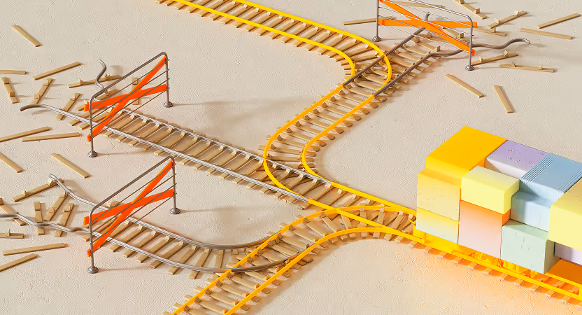 Abstract metaphor of MVP testing showing a train track splitting with blocked and misaligned paths, representing product testing challenges