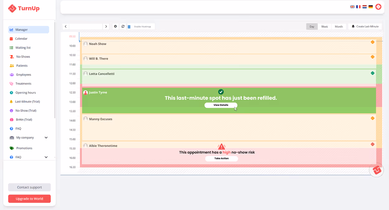 Screenshot of the TurnUp clinic scheduling interface showing appointment slots, last-minute refills, and a warning for high no-show risk.