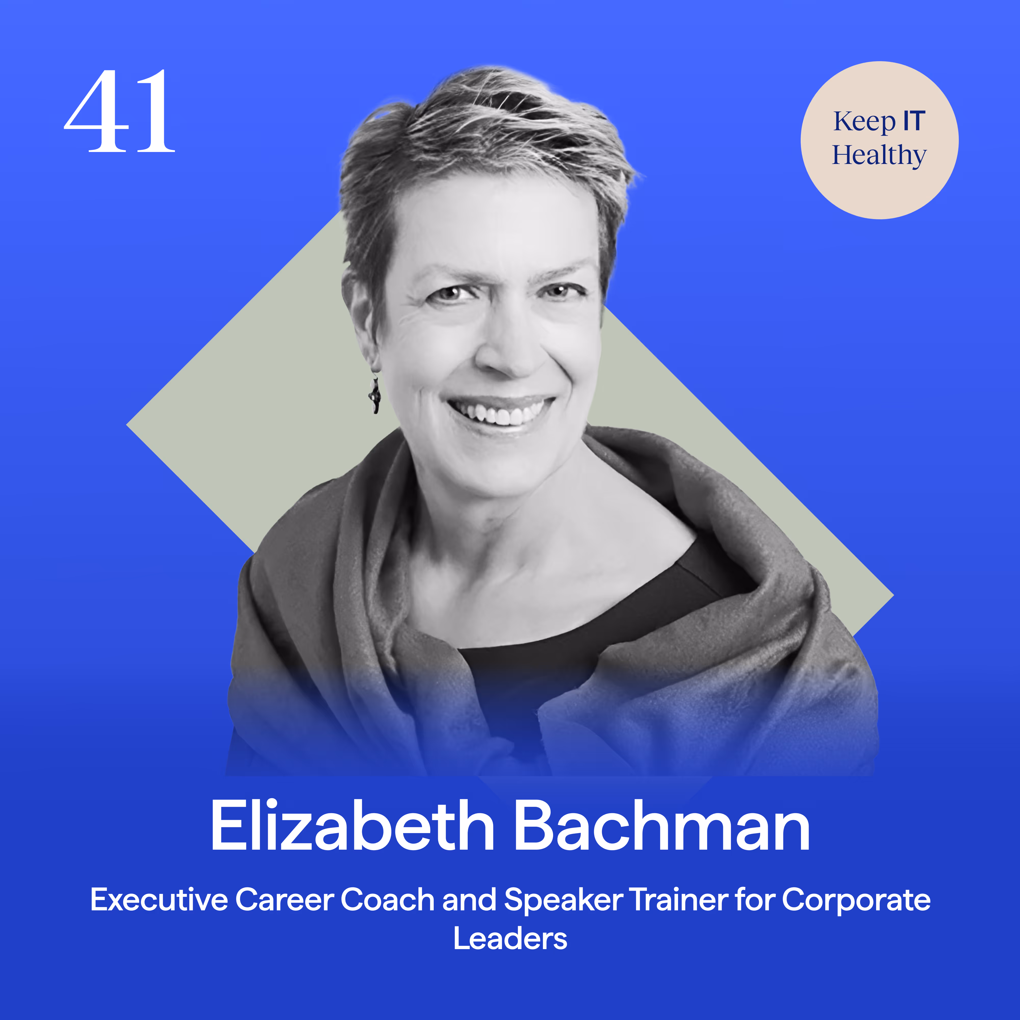 Graphic for a podcast episode with Elizabeth Bachman on engaging healthcare tech audiences and avoiding common pitching mistakes.