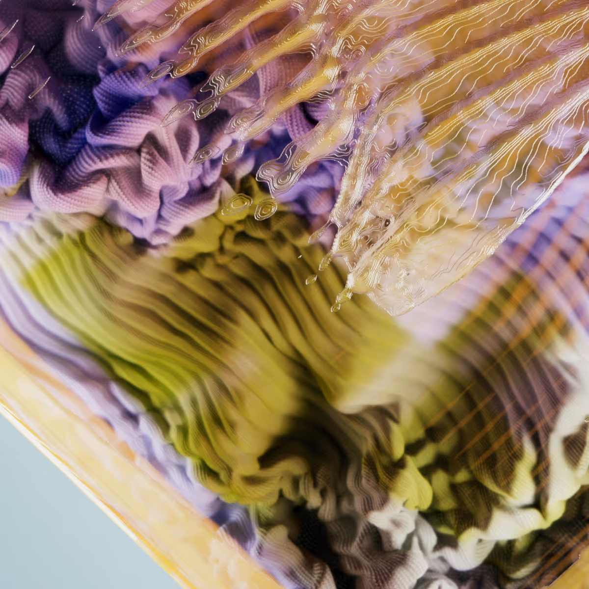 Abstract close-up of layered, colorful fabric-like textures in purple, green, and beige tones, with flowing and wavy patterns.