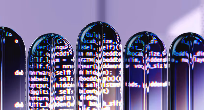 Five transparent capsules displaying programming code, representing multi-agent systems and complex AI workflows in healthcare technology.