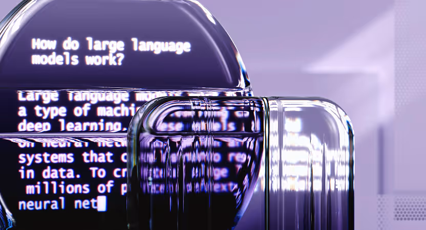 Digital capsule displaying an explanation of large language models, emphasizing AI accuracy, model behavior, and safe healthcare AI implementation.