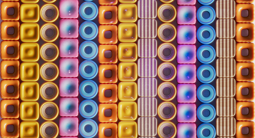Vertical grid of multicolored blocks illustrating data pipelines that feed patient information to machine‑learning models