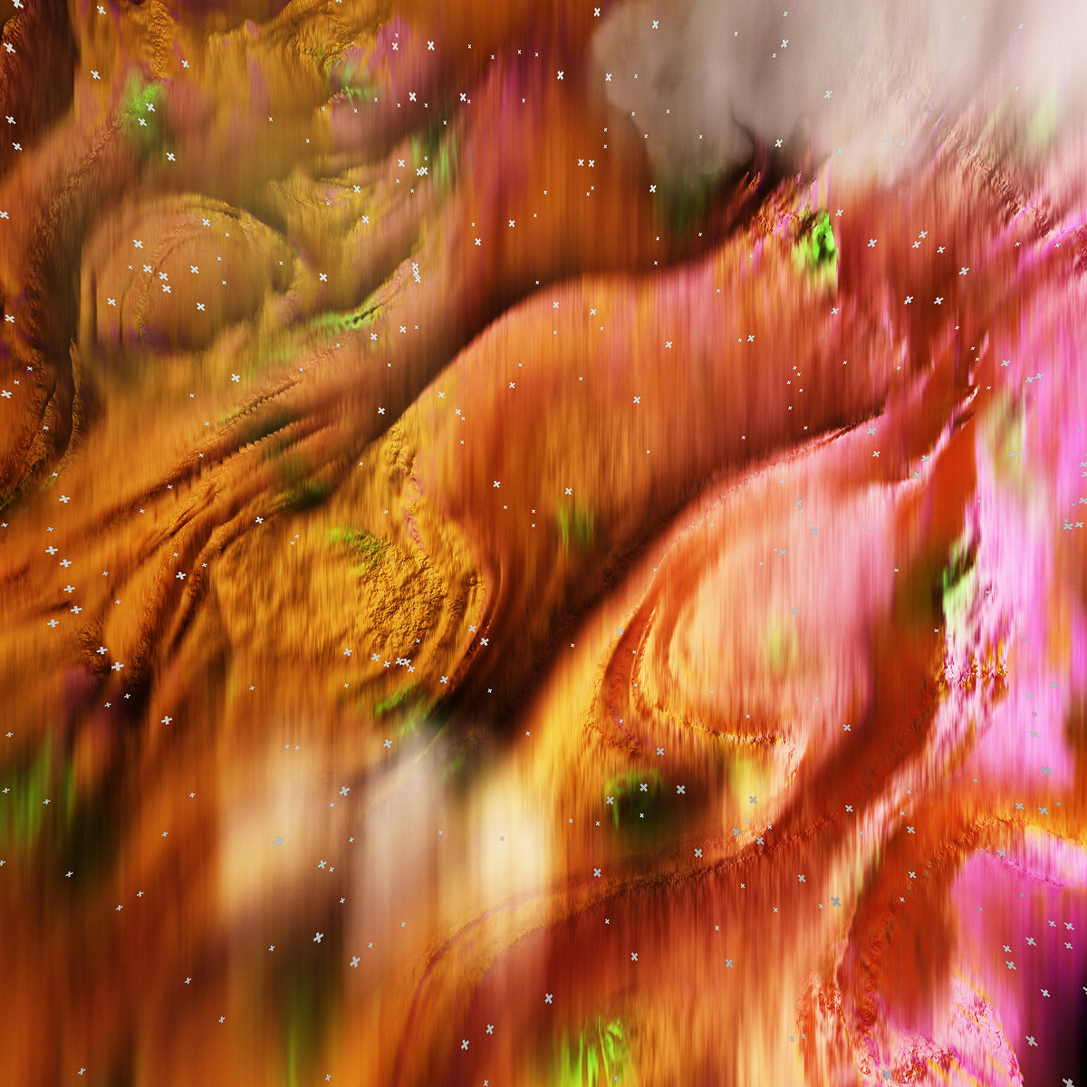 Colorful abstract artwork in warm orange, pink, and green tones with a fluid, textured appearance resembling flowing landscapes.