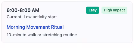 Lifestyle recommendation chart showing 10 minut walk or stretching routine for morning movement ritual