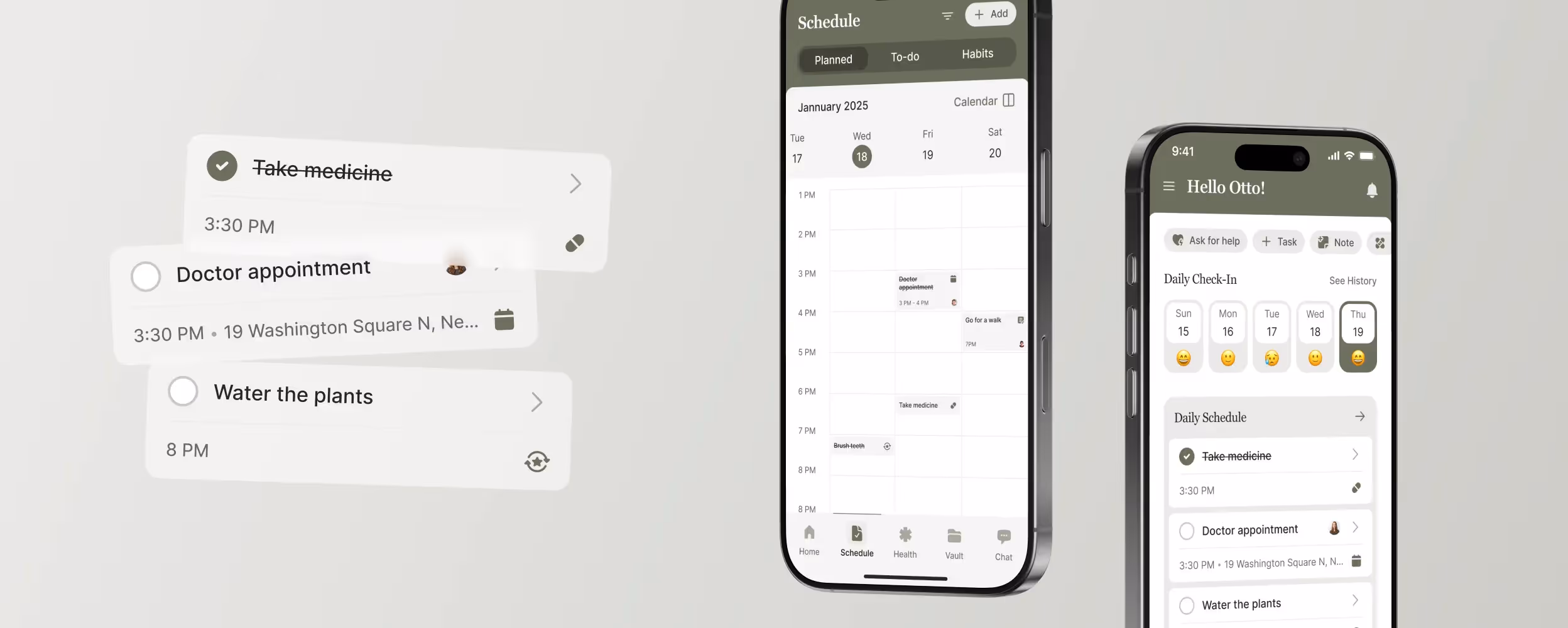 “Caily caregiving app on mobile showing daily schedule and calendar with tasks like doctor appointment, medication, and habits.”