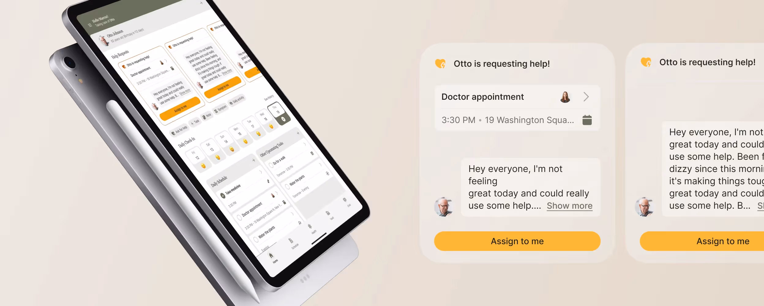 “Caily caregiving platform on tablet with daily check-ins and a caregiver request for help with a medical appointment.”