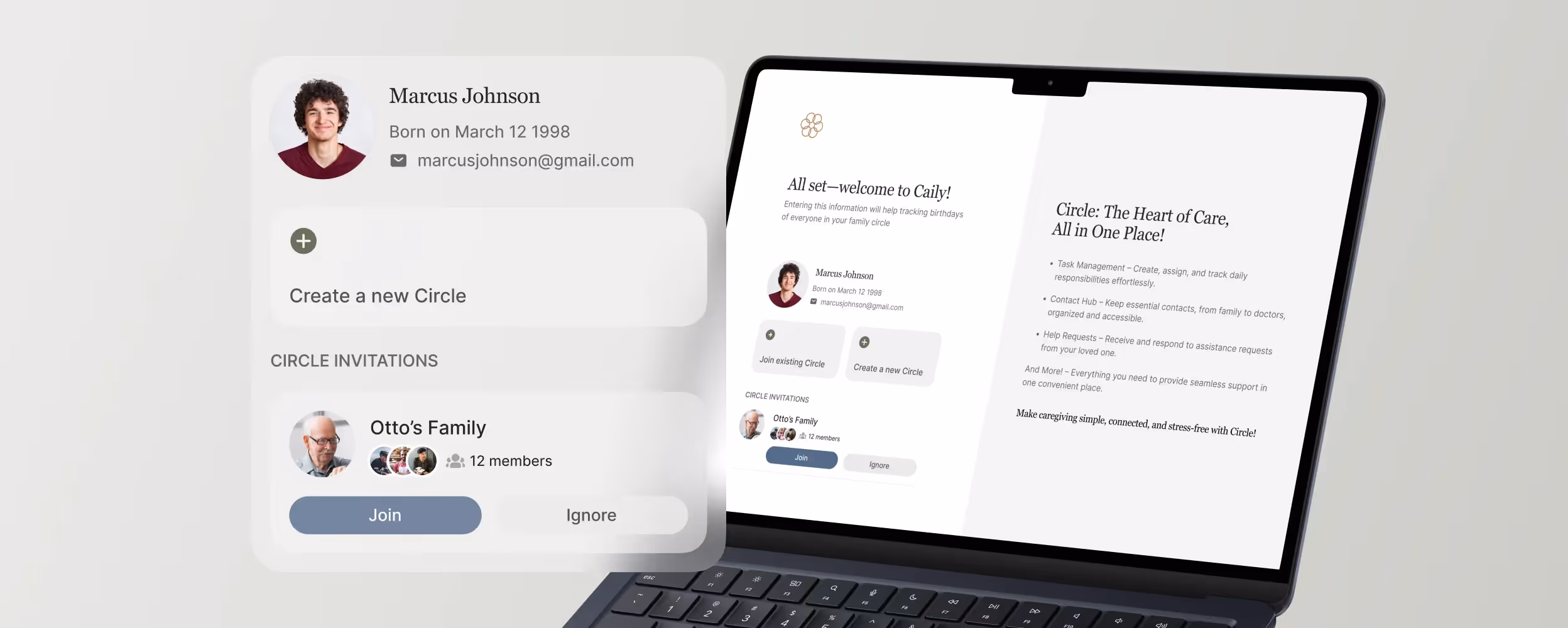 “Caily desktop onboarding interface where caregivers can join or create a care circle and manage invitations.”