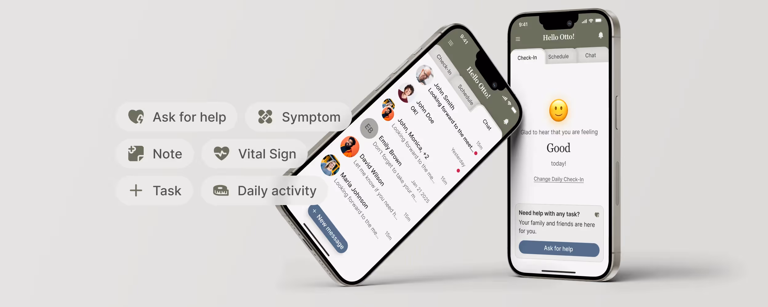 “Caily caregiving app on mobile with daily mood check-in and caregiver chat messages for coordinating support.”