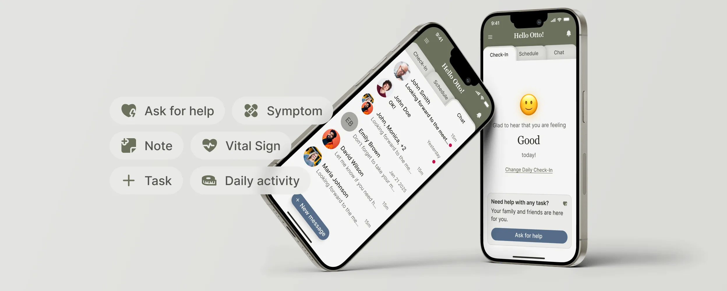 “Caily caregiving app on mobile with daily mood check-in and caregiver chat messages for coordinating support.”