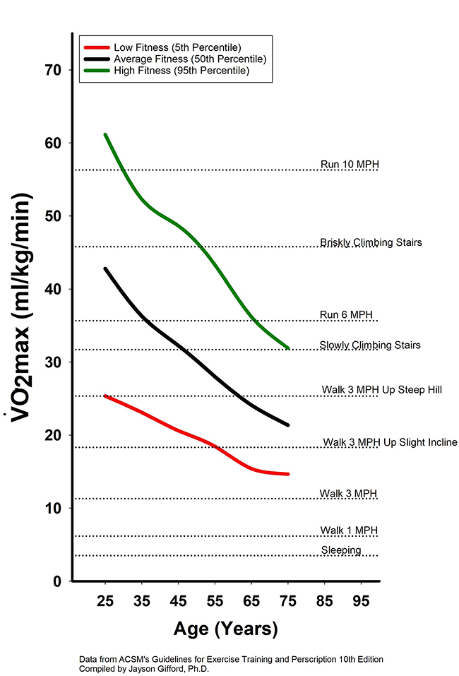 “VO2 max chart comparing high, average, and low fitness percentiles by age, used to interpret Apple Health data for aerobic capacity.”