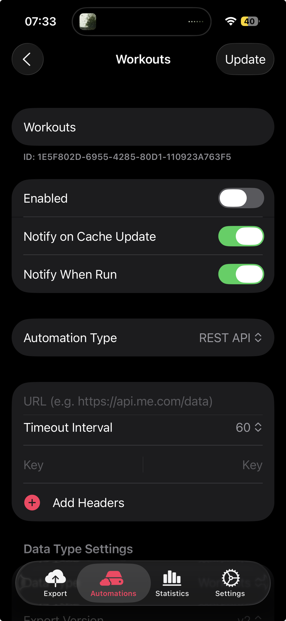 “Apple Health Export app automation settings configured to send workout Apple Health data to a REST API with headers and interval.”