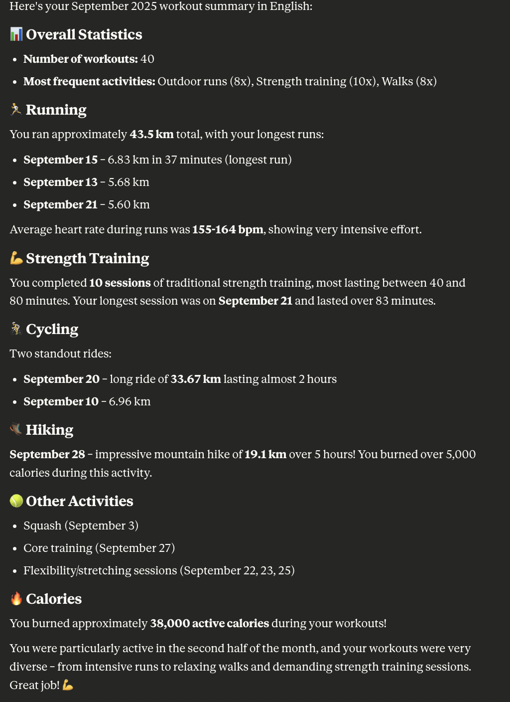“Monthly workout summary from Apple Health data: counts, running distance and heart rate, strength sessions, cycling, hiking, and calories.”