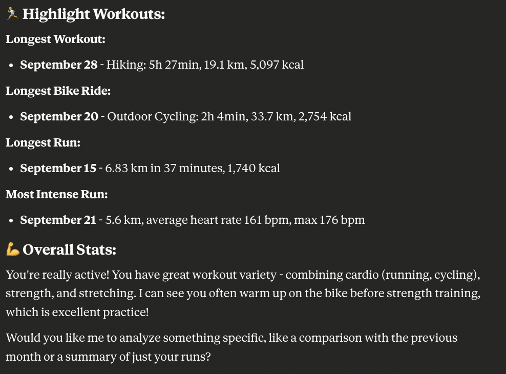 “Highlight workouts pulled from Apple Health data: longest hike and bike ride, longest run, and most intense run with distances, time, and kcal.”