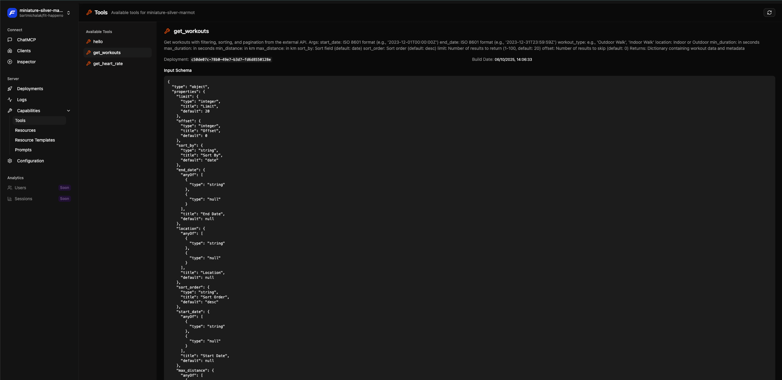 “FastMCP dashboard showing tools like get_workouts with schema and logs for querying Apple Health data through the backend API.”